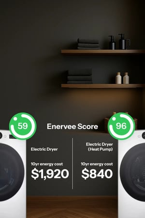 Enervee Score 0–100 comparison highlighting energy cost differences between two dryers.