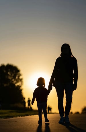 Silhouette of parent and child at sunset representing inclusive access to efficiency programs.
