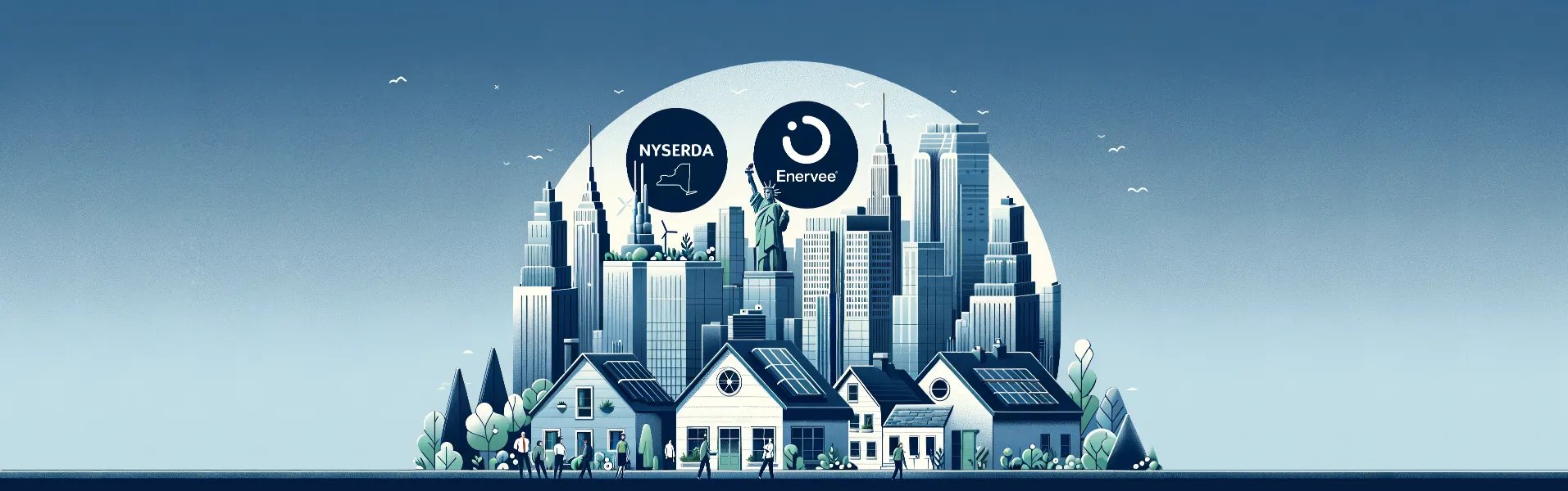 Illustration of New York homes and building with NYSERDA and Enervee logo