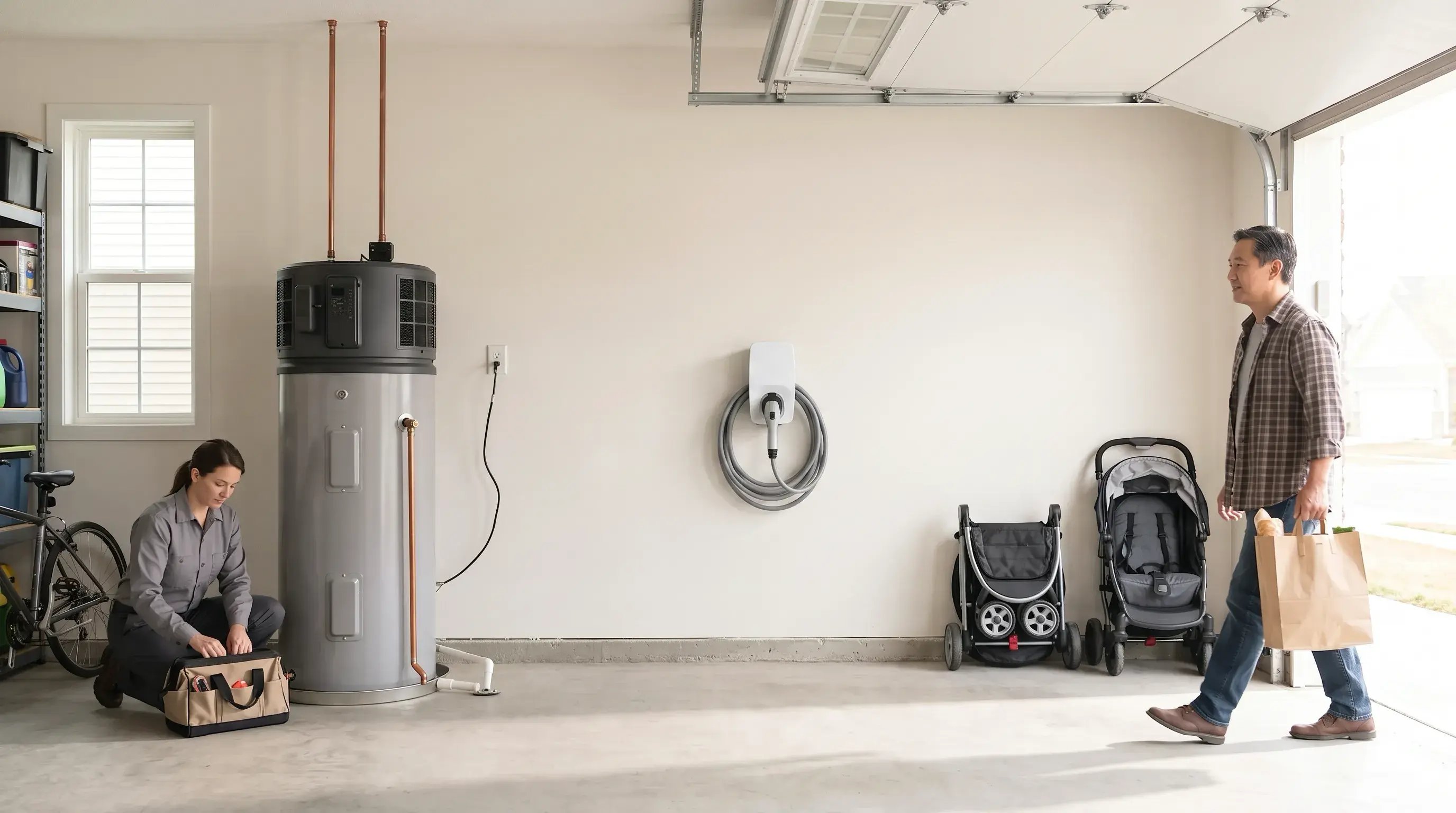 Installer and homeowner beside a newly installed heat pump water heater in a bright garage