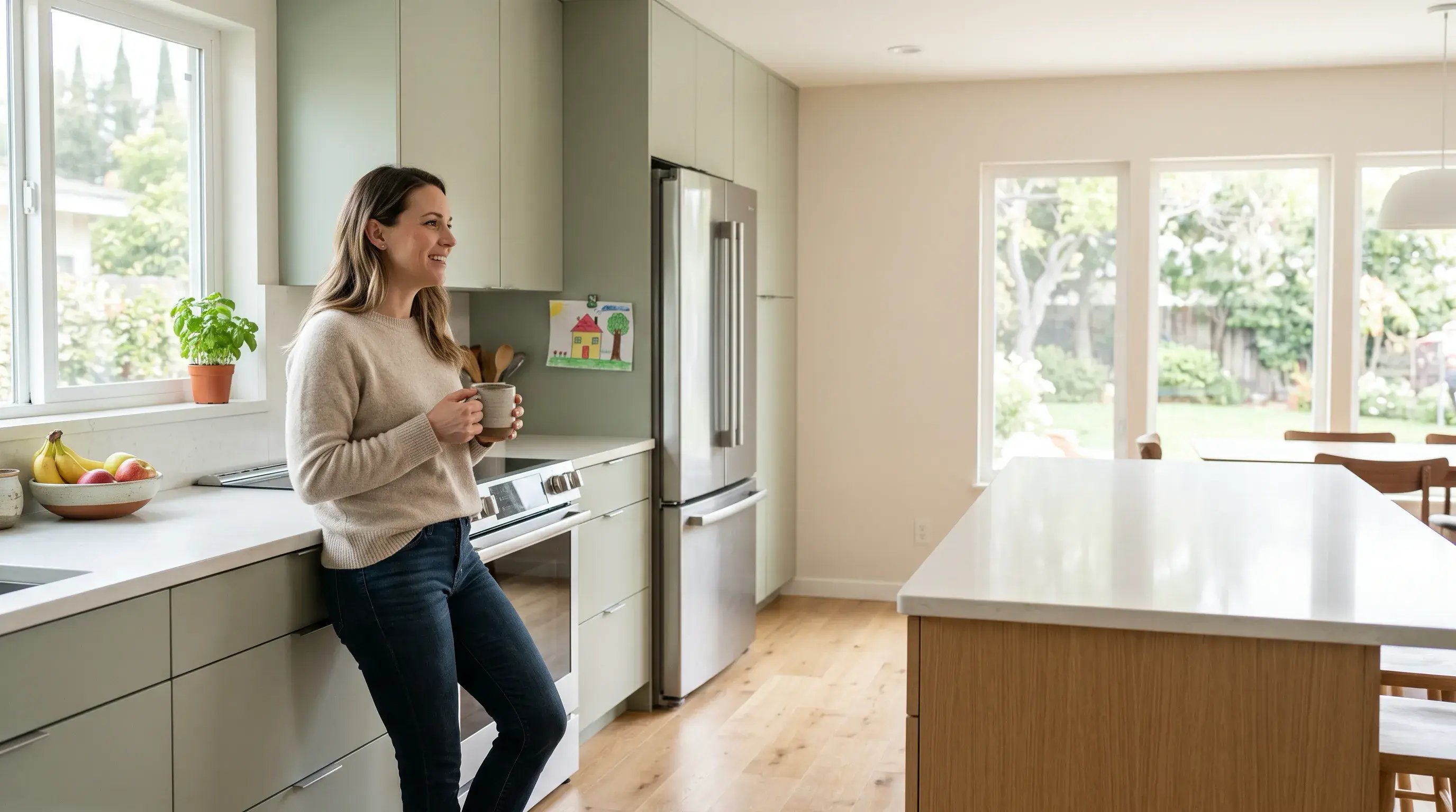 A sunlit kitchen, someone loading a new dishwasher