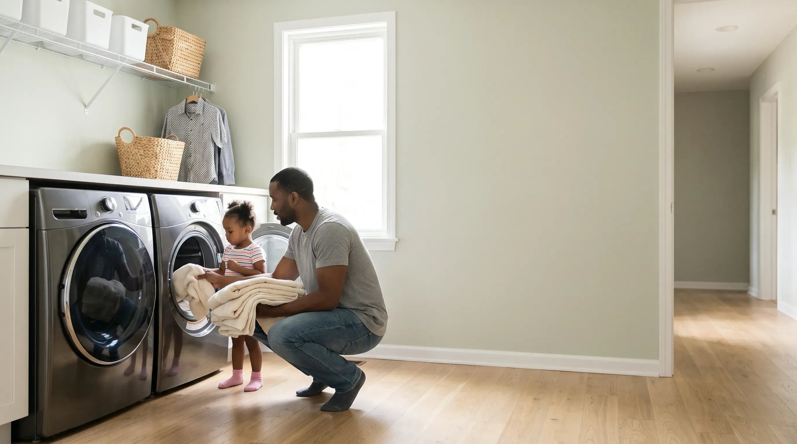 Parent and toddler unloading towels from a new front-load washer in a bright laundry room