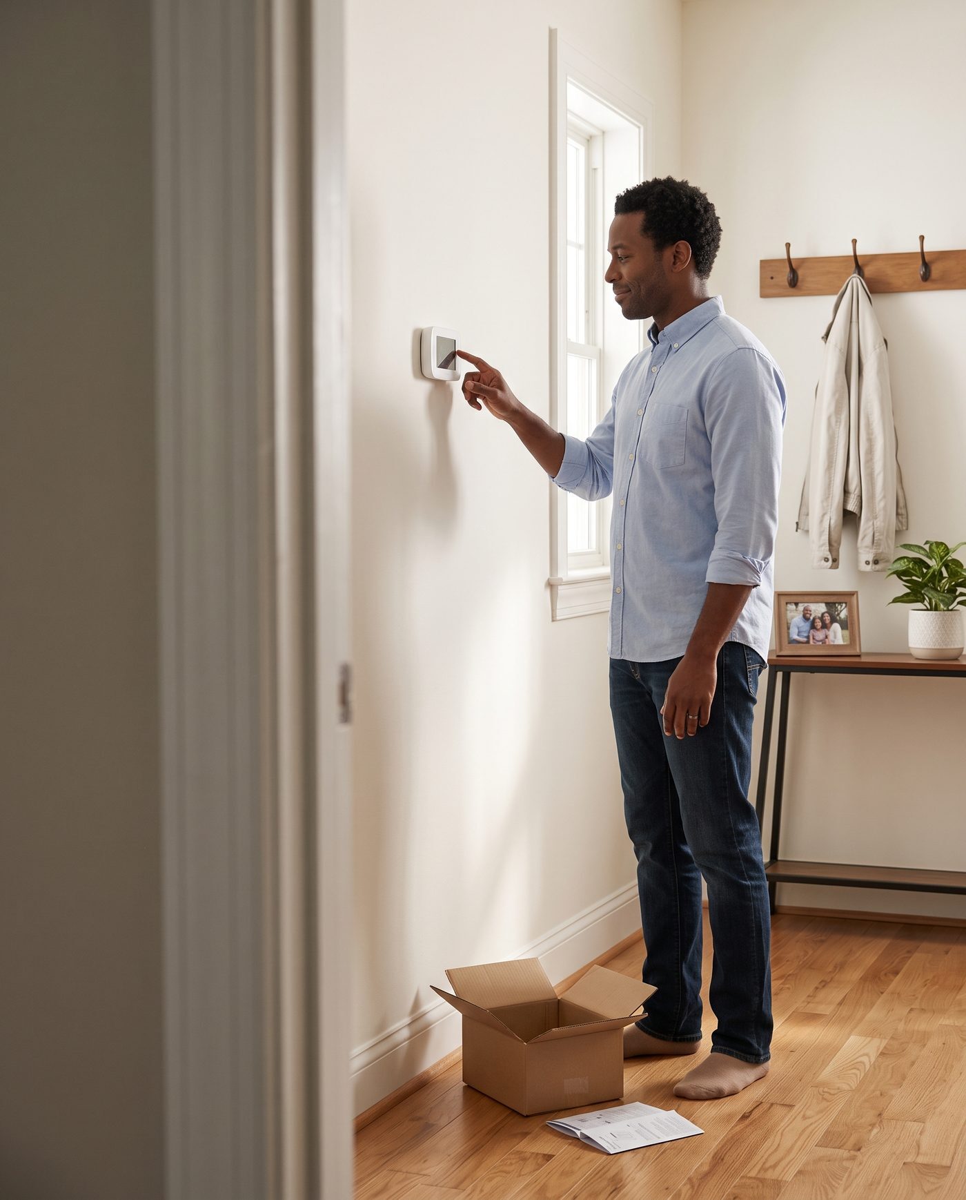 Homeowner setting up a newly installed smart thermostat in a hallway