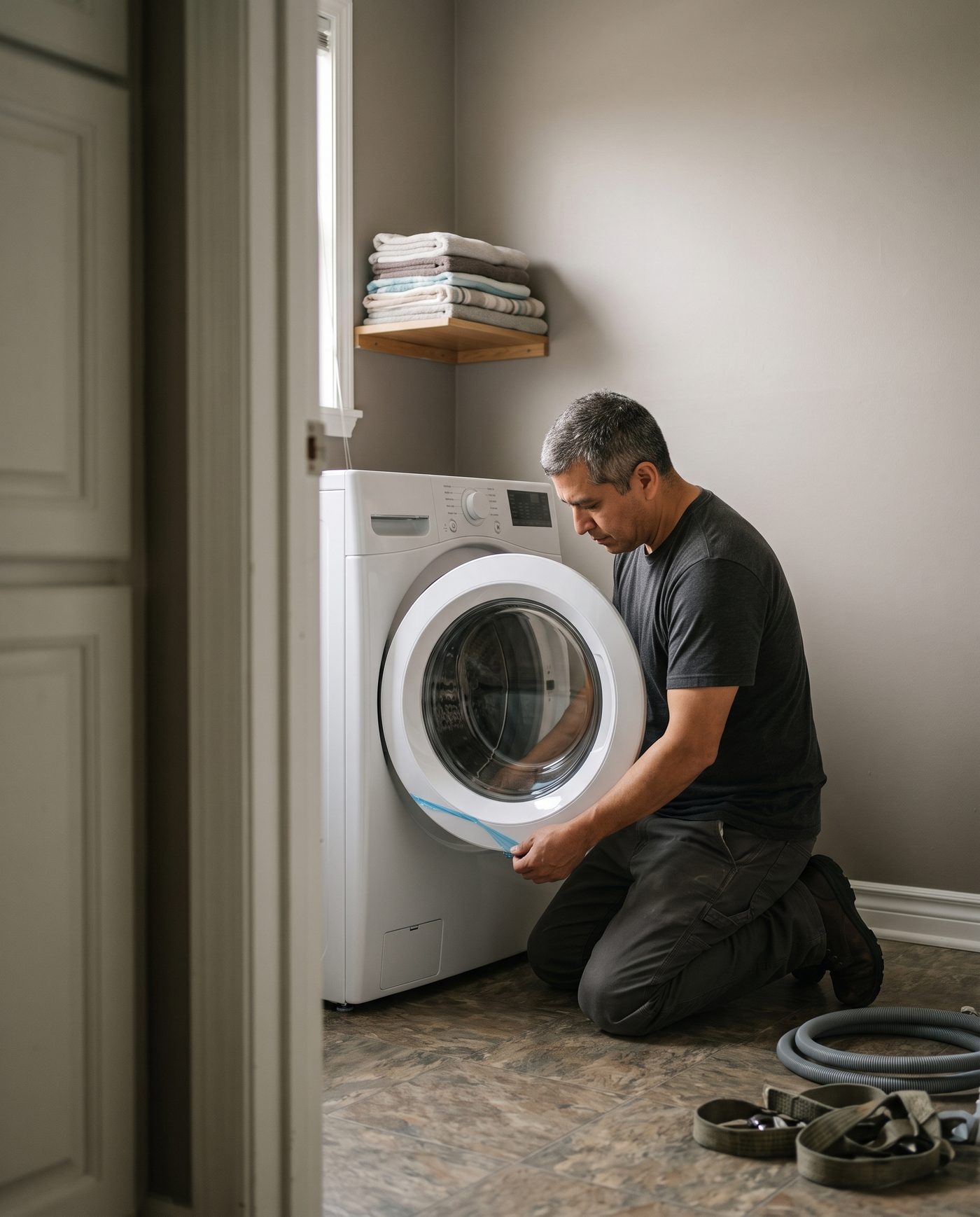A man kneeling in a small laundry nook, peeling the protective film from a newly installed front-load washer