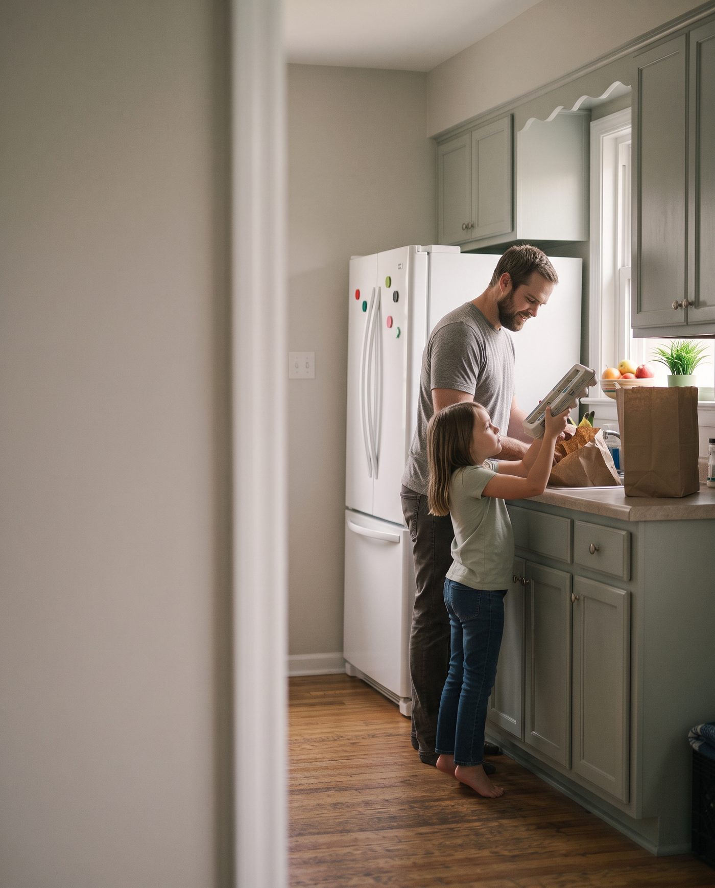 Father and daughter loading groceries into a new refrigerator in a small, sunlit kitchen