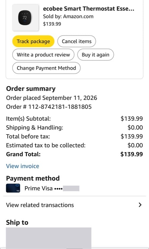 Amazon app order screenshot for an ecobee Smart Thermostat Essential, customer details redacted
