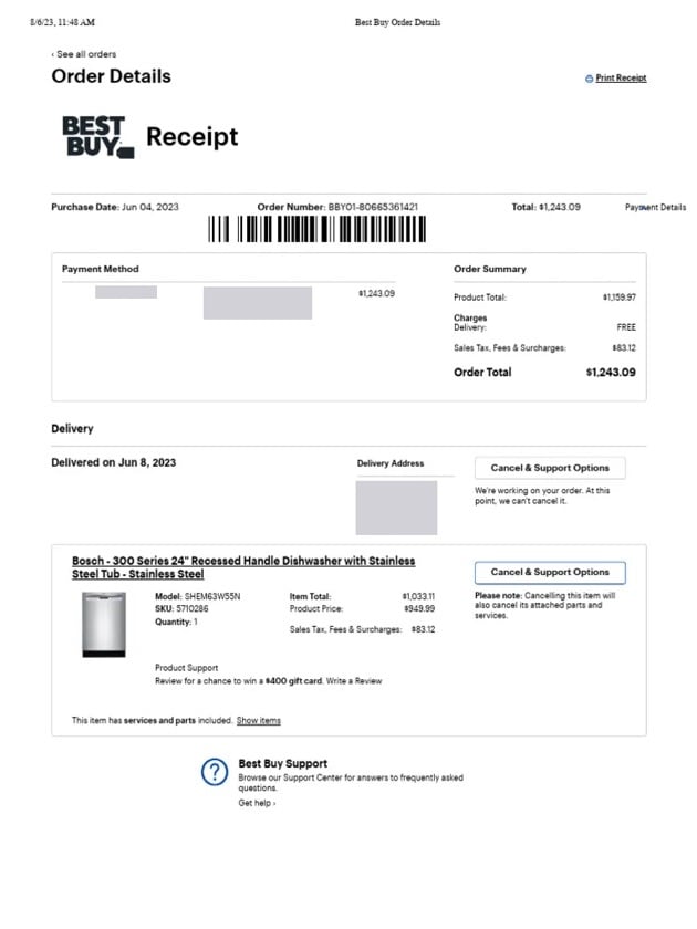 Best Buy online order receipt for a Bosch 300 Series dishwasher, customer details redacted