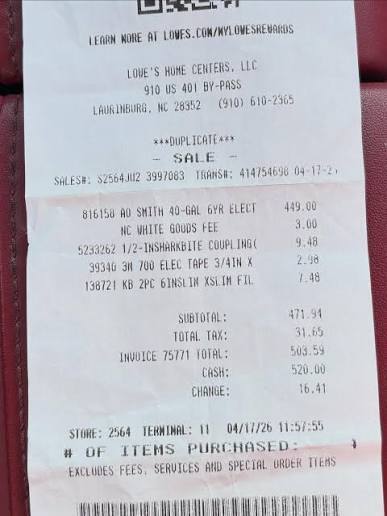 Photo of a Lowe's store receipt for an A. O. Smith 40-gallon electric water heater
