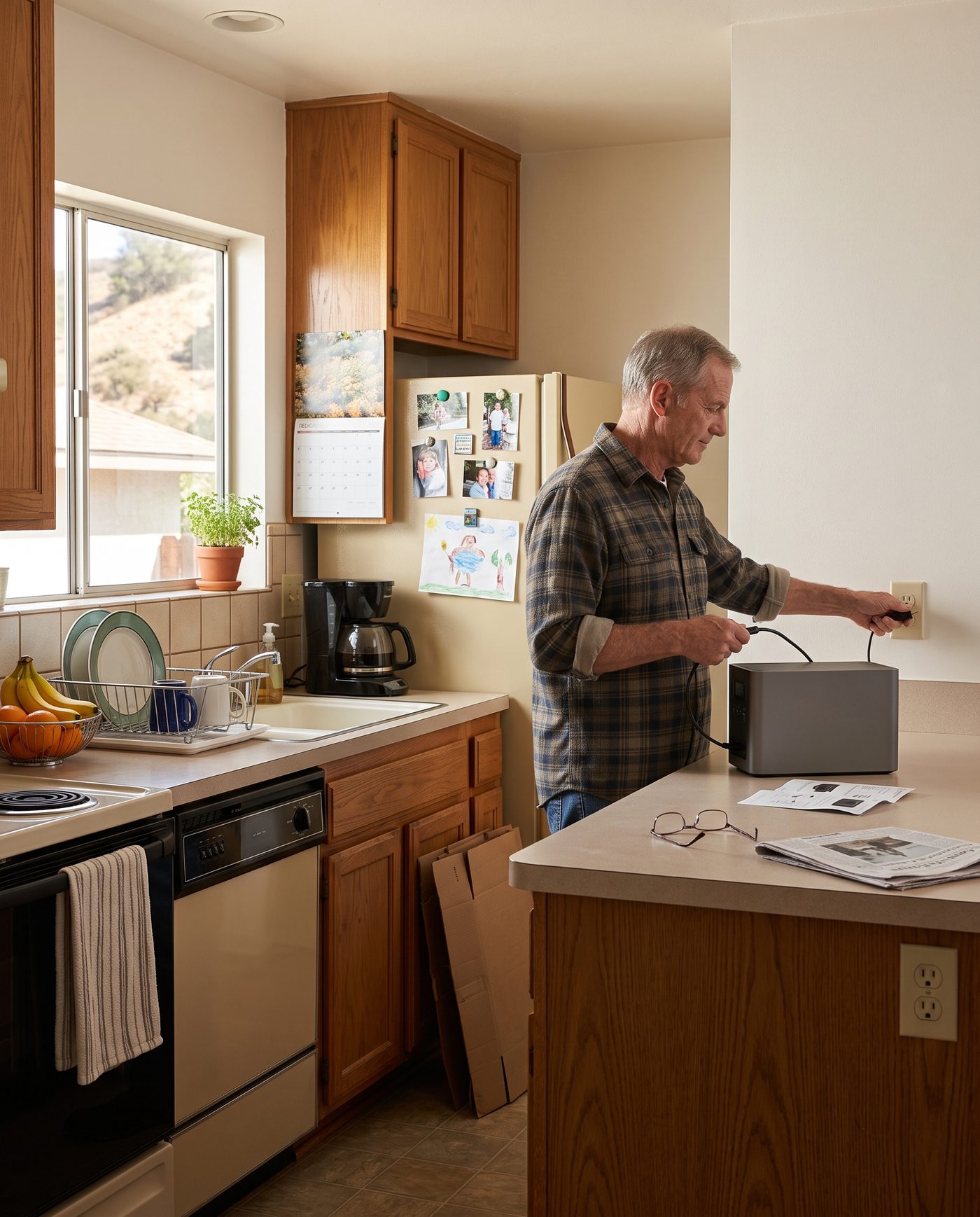 A homeowner plugging a new portable power station into a kitchen outlet on an ordinary morning