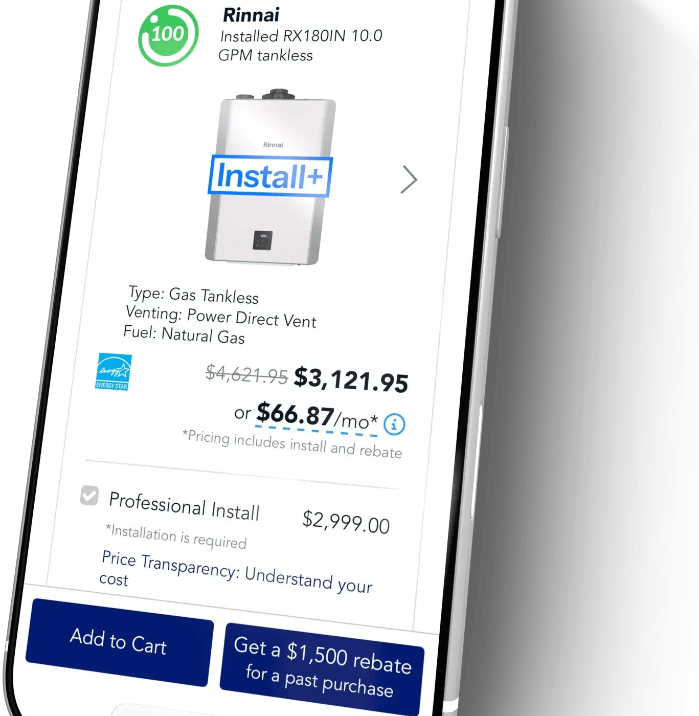 The Enervee Choice Engine on a phone: a gas tankless water heater with an Enervee Score of 100, installed pricing with a $1,500 utility rebate applied, a monthly payment option, and a button to claim the same rebate for a purchase made elsewhere.