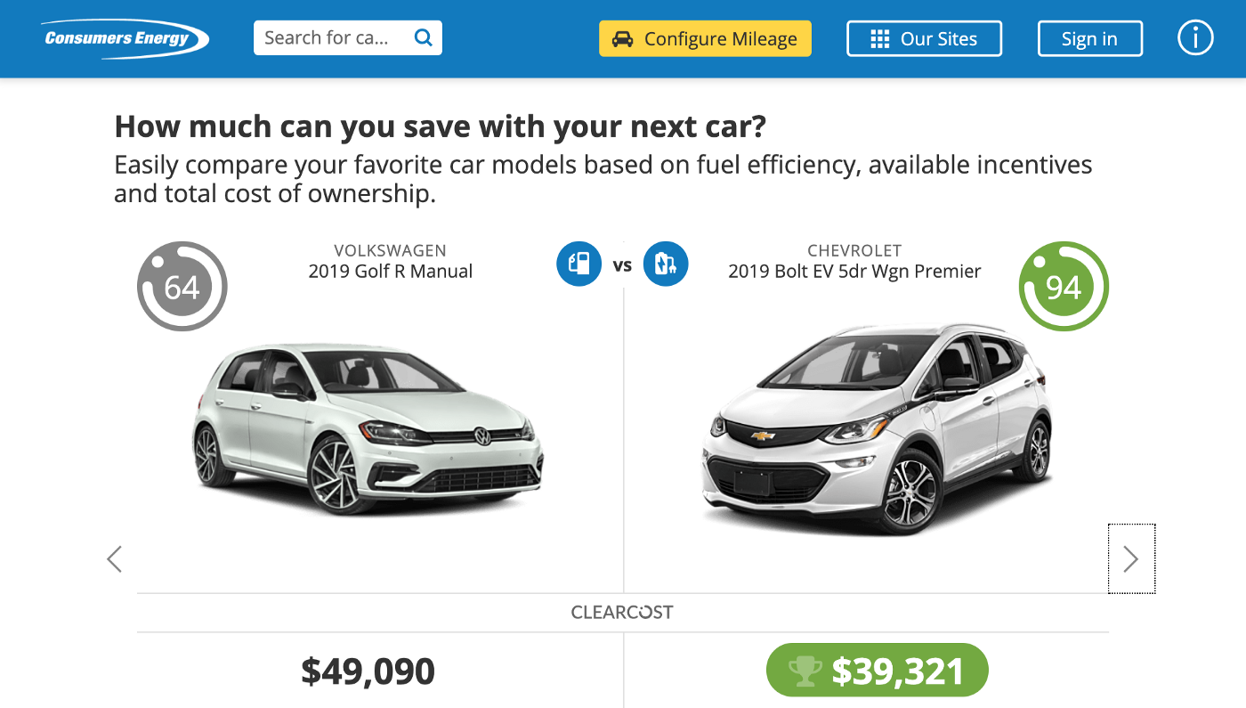 Car comparison screenshot