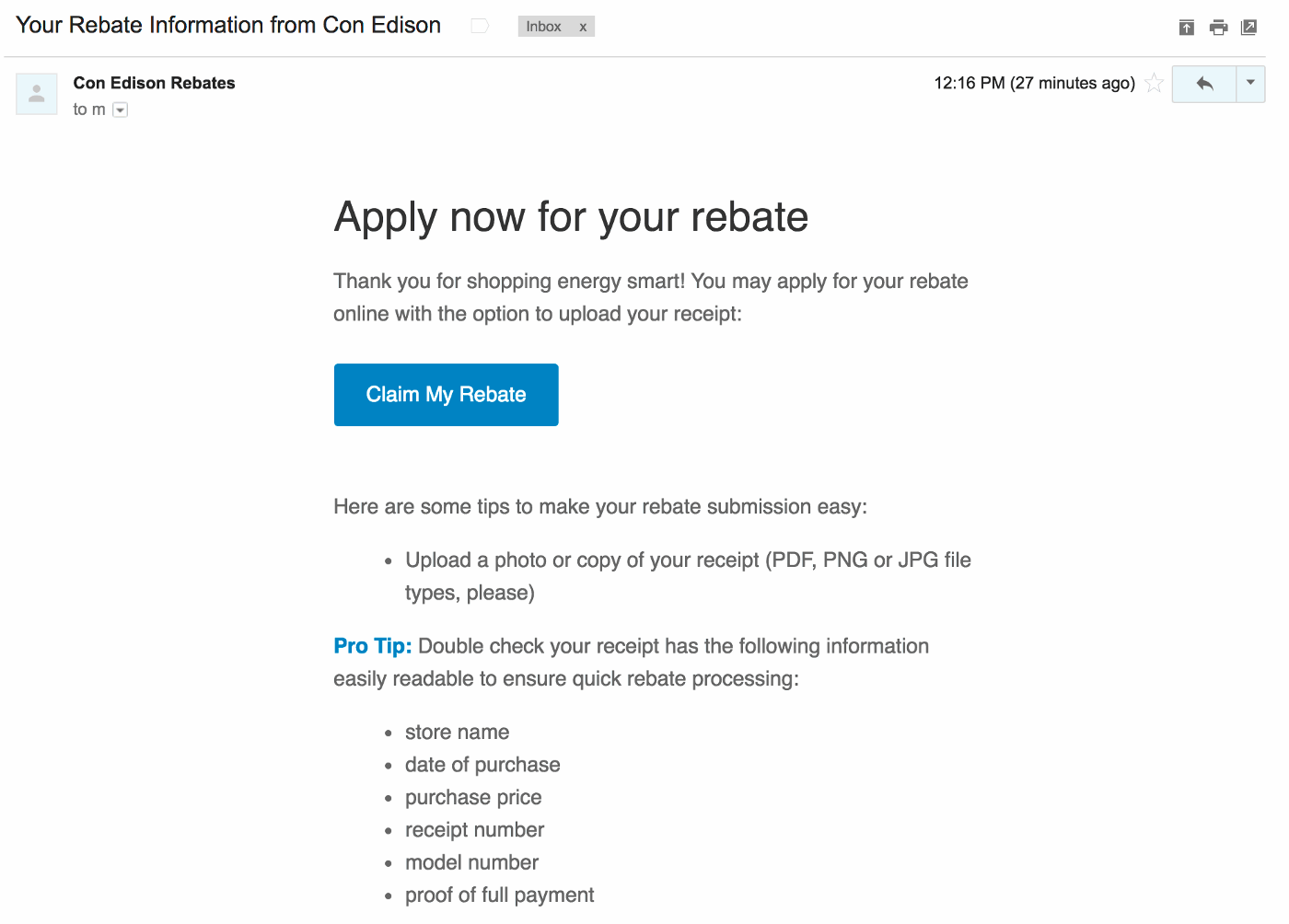 Email rebate screenshot